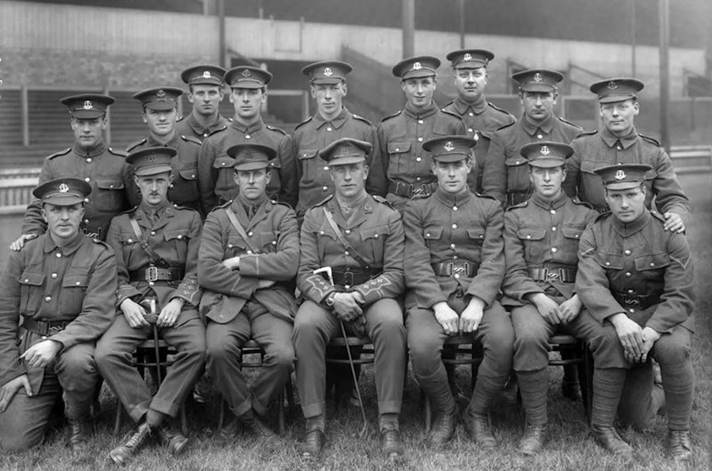 Officers and men of the 17th Middlesex: Front row, from left: Pte Pat Gallacher (formerly of
Tottenham Hotspur), Capt Edward Bell (formerly of Portsmouth and Southampton), Lt Vivian
Woodward (Chelsea), Capt Frank Buckley (Bradford City), Pte Sid Wheelhouse (Grimsby Town),
Pte Tommy Barber (Aston Villa), L/Cpl Fred Bullock (Huddersfield Town). Back row:
Sgt Percy Barnfather (Croydon Common), Pte William Jones (Brighton @ Hove Albion),
Pte William Booth (Brighton @ Hove Albion), Pte George Beech (Brighton & Hove Albion),
Pte Tommy Lonsdale (Southend United), Sgt Joe Smith (Chesterfield), Sgt Yeoval,
Pte Frank Martin (Grimsby Town), Pte Jack Sheldon (Liverpool)